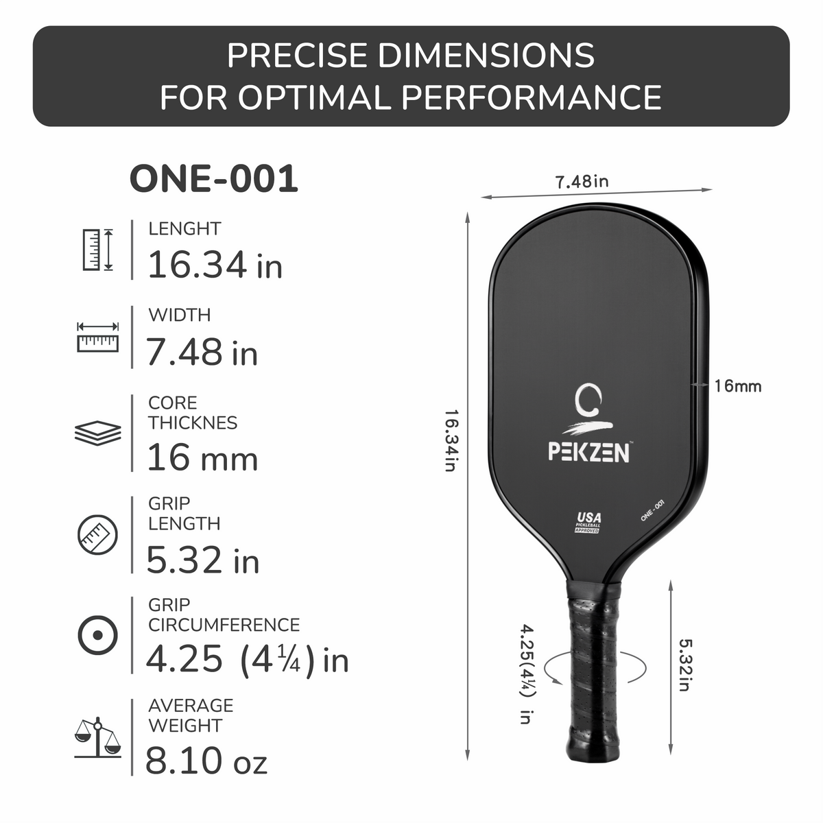 Pagaie Pickleball Fibre De Carbone - Cœur Nid D'Abeille 16mm Thermoformé Professionnel