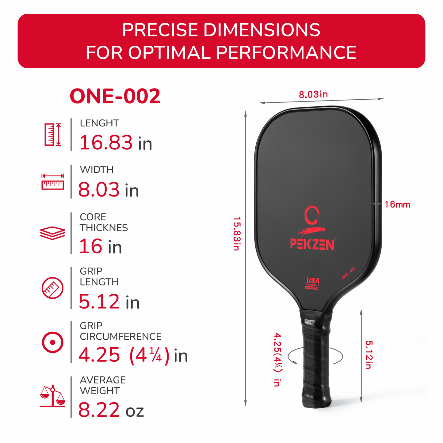 16mm Pro T700 Thermoformed Carbon Fiber Pickleball Paddle |Forgiving Large Sweet Spot | Power, Control & Spin | Minimalist Graphics (Fiery Red)